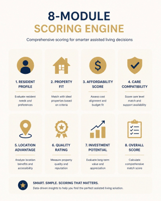 ALF Smart Deal 8-Module Scoring Engine: Resident Profile, Property Fit, Affordability Score, Care Compatibility, Location Advantage, Quality Rating, Investment Potential, and Overall Score.